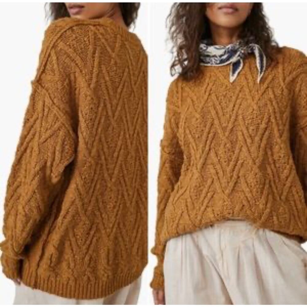 Free People Isla Cable Tunic Sweater Women's XS Spice Cake Oversized Cozy